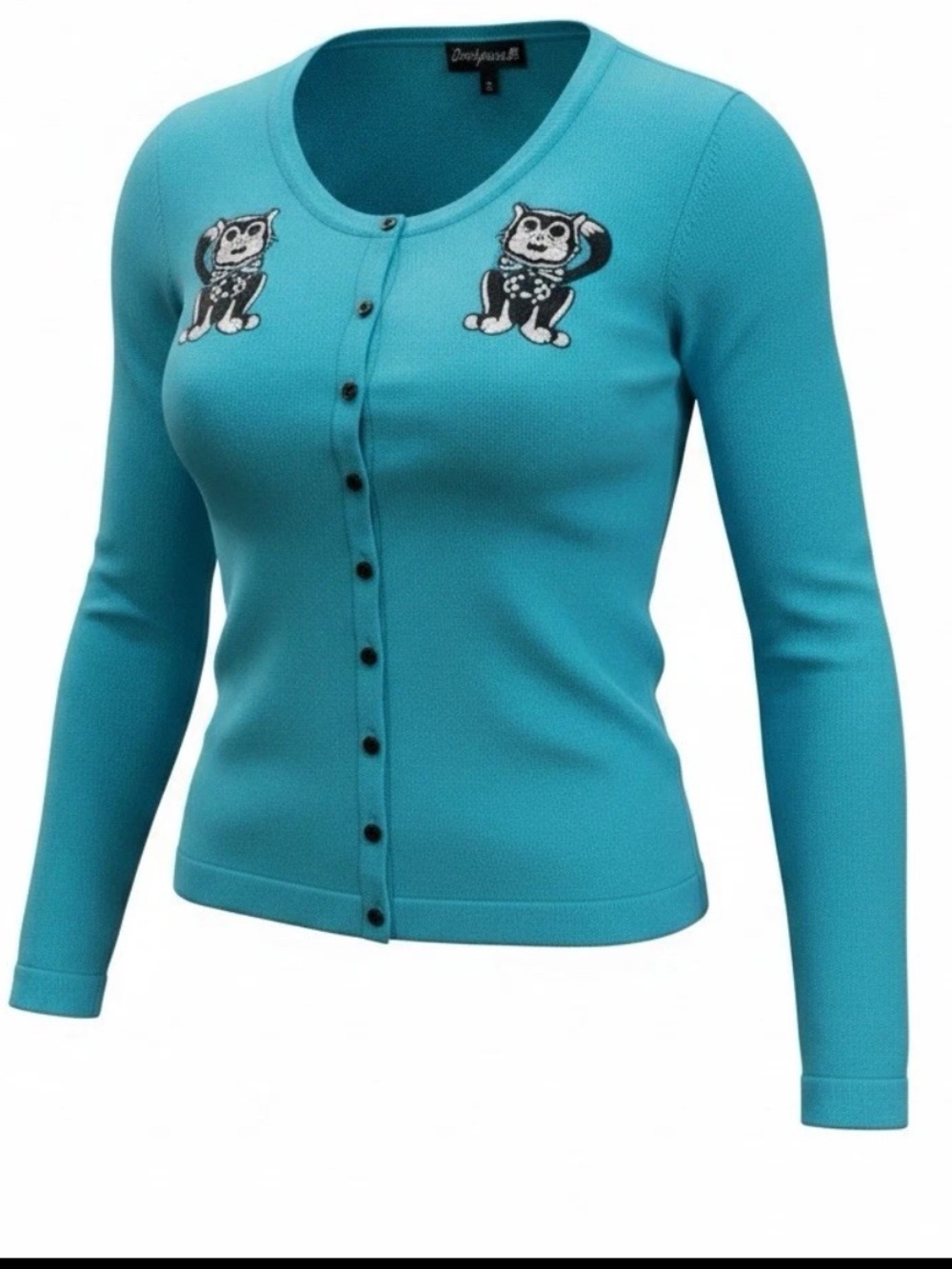 Sourpuss Teal Button-Front Cardigan with Cat Embroidery, Small, EUC 🐈‍⬛